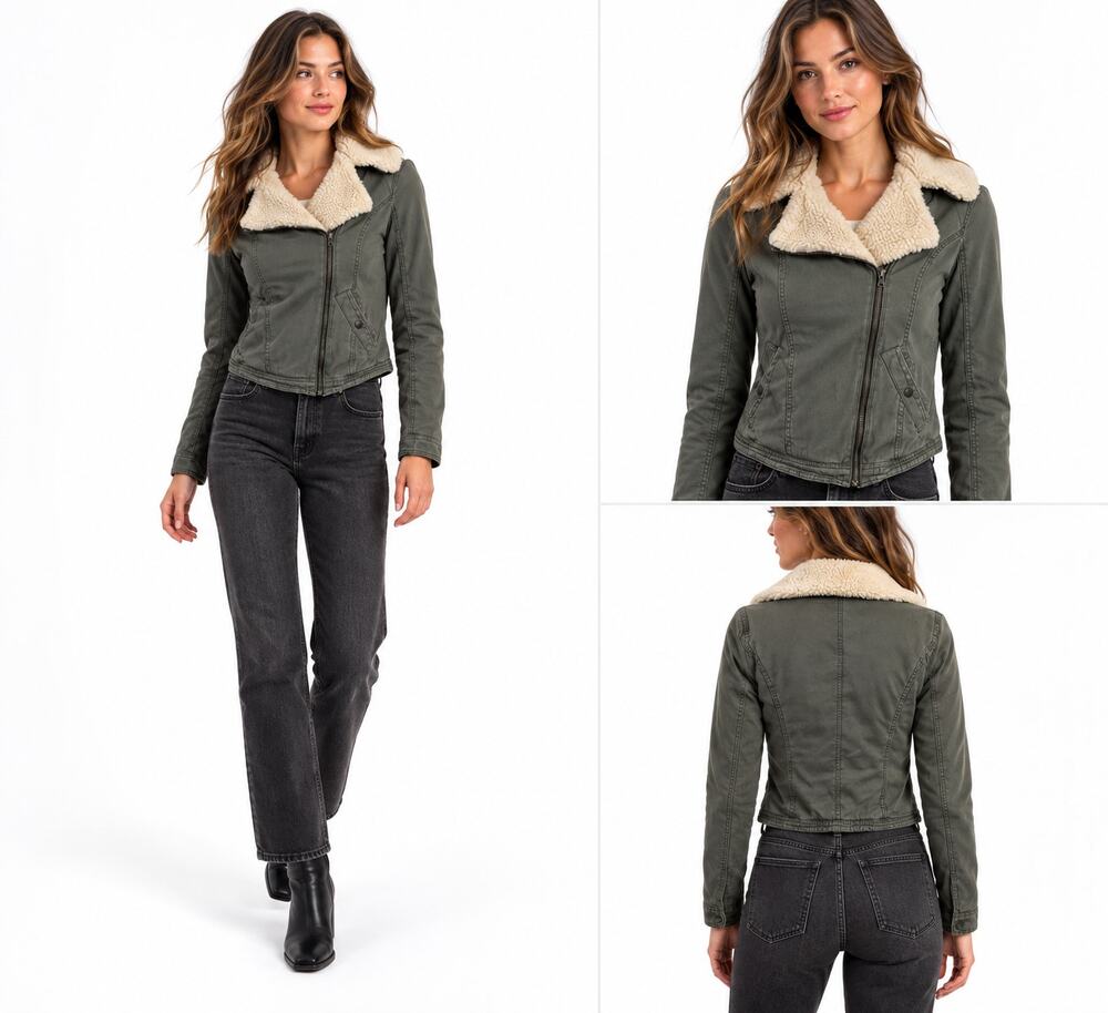 Hollister Malaga Beach Jacket Womens Small Olive Green White Sherpa Lined